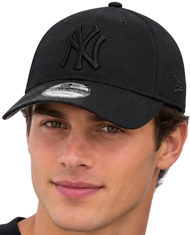 Two models wearing black New Era 9FIFTY baseball caps with an embossed New York Yankees logo, set against a bright blue sky background.