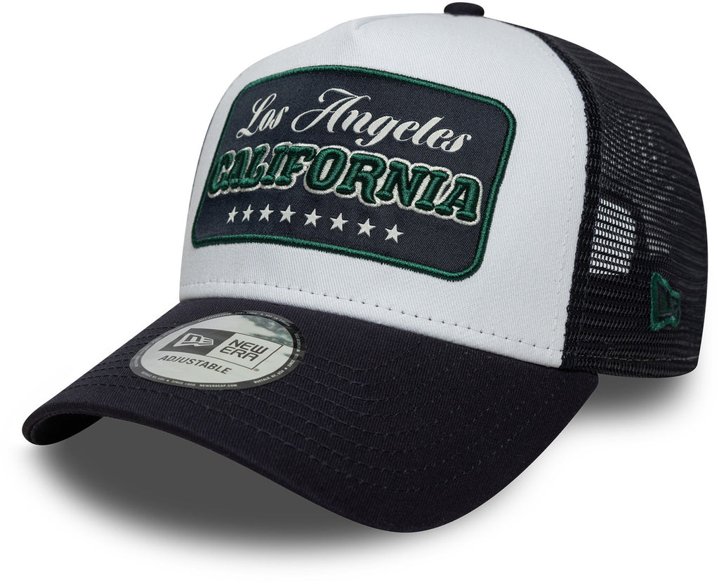 Black and white trucker cap with 'Los Angeles California' patch