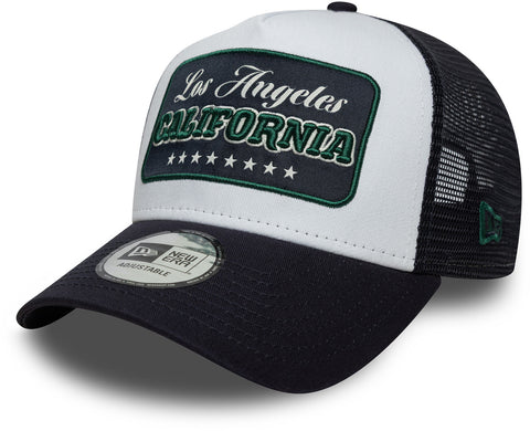 Black and white trucker cap with 'Los Angeles California' patch