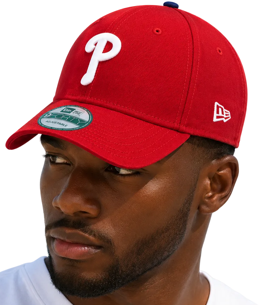 A close-up of a man wearing a red Philadelphia Phillies baseball cap with a white 'P' logo on the front and a white New Era logo on the side, set against a light blue sky background.