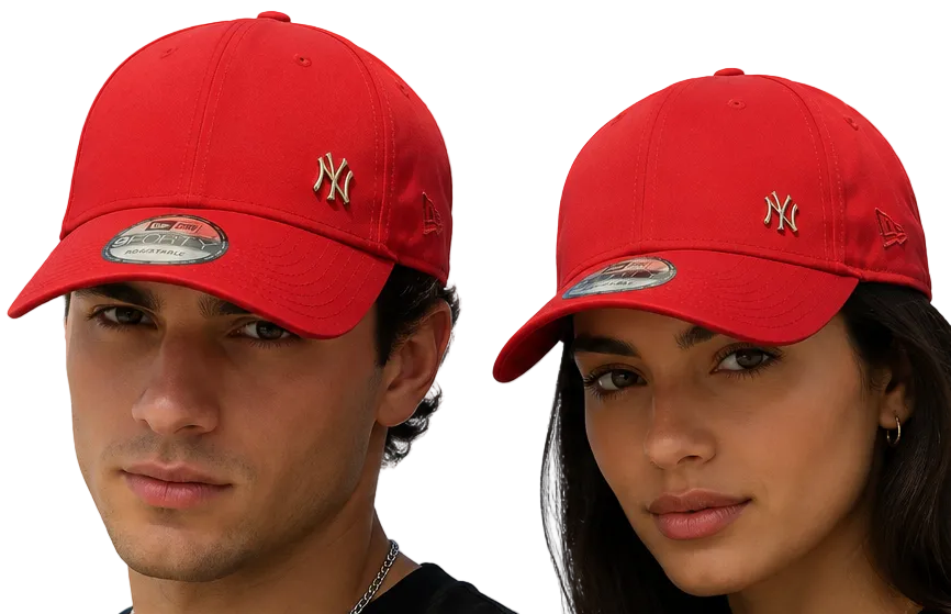 A red New York Yankees baseball cap shown on two models from the front and back, set against a light blue sky background.