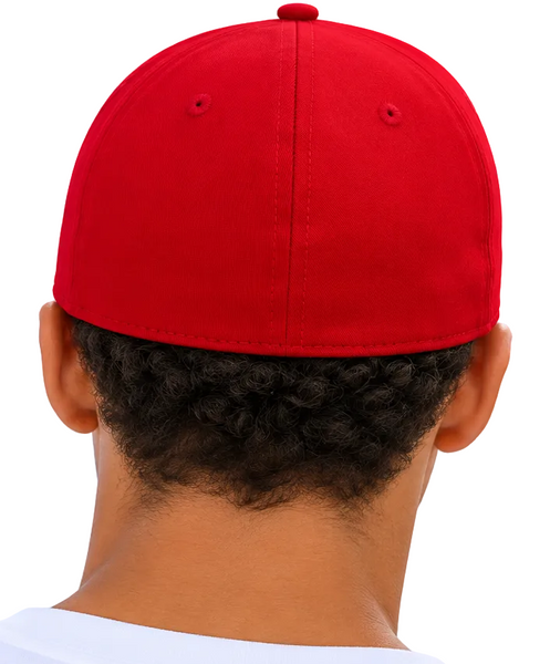 Two people shown from behind wearing matching bright red baseball caps against a clean white background.