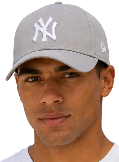 A four-panel product presentation of a light gray New York Yankees baseball cap, showing front views from the front of a man and a woman, and back views from behind. The cap features the white embroidered New York Yankees logo on the front and a silver buckle on the back.