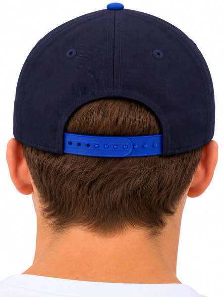 Two people shown from the back wearing a navy blue baseball cap with a bright blue adjustable strap and blue top button, on a white background.
