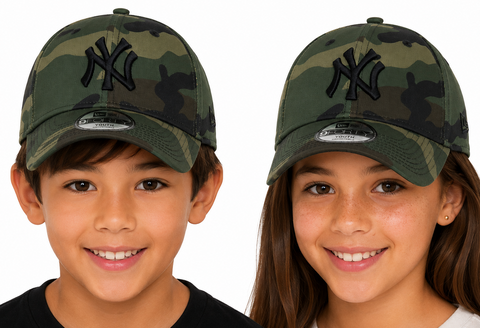 A boy and a girl wearing matching camouflage baseball caps with a black New York Yankees logo, shown against a plain white background.