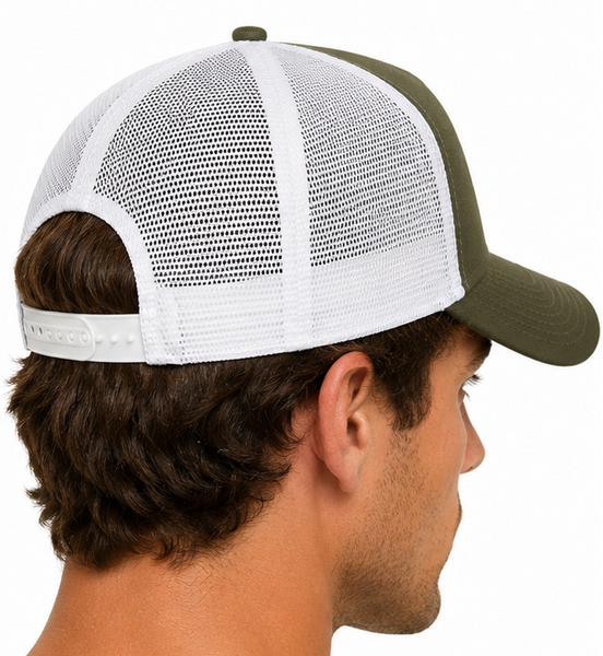 A man modeling a New Era trucker hat in olive green and white, shown from both the front and back angles against a plain white background.